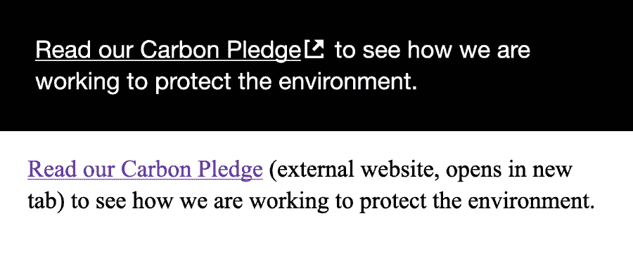 The text 'Read our Carbon Pledge to see how we are working to protect the environment.' containing an external link on the phrase 'Read our Carbon Pledge.' The external link is indicated with an icon of a square with a diagonal-upwards arrow.