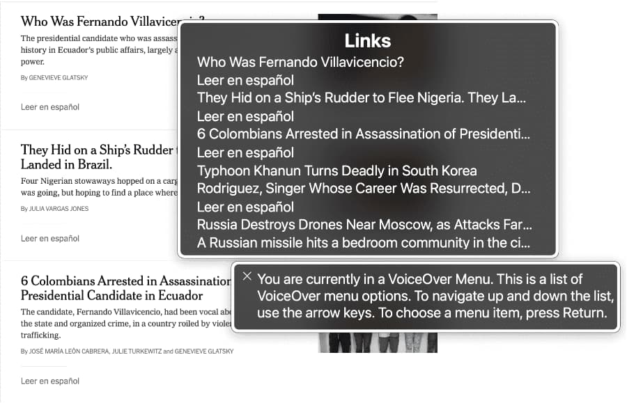 A list of links from a news website presented by a screen reader.
